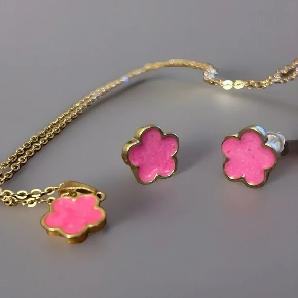 Set of earrings and necklace five pink leaf clover gold tone - Picture 1 of 4